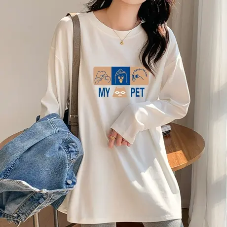 纯棉长袖t恤女装韩版宽松ins中长款春秋季大码上衣加厚磨毛打底衫商品大图