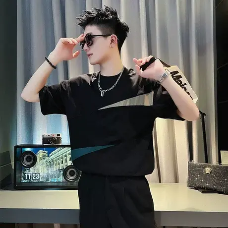 夏季男士t恤短袖潮牌潮流设计感上班半袖休闲时尚拼接半截袖ins商品大图