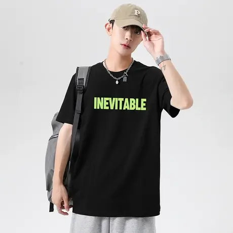美式重磅纯棉短袖t恤男黑色上衣服夏季宽松全棉半袖印花圆领体恤商品大图
