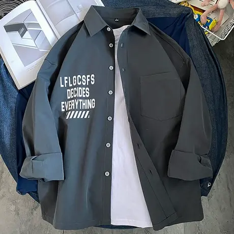 衬衫男长袖韩版潮流2023新款休闲痞帅衬衣男士外套春秋季帅气上衣图片