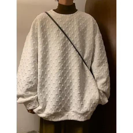 春季新款纯色立体提花宽松圆领卫衣男潮流套头美式休闲情侣打底衫图片