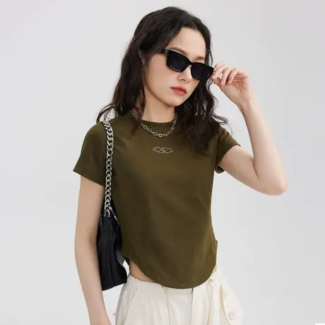 正肩短袖t恤显瘦修身美式甜辣韩系chic别致短款上衣女夏2023新款图片