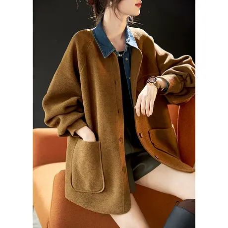 宝诗黎圆领单排扣外套女纯色宽松美拉德上衣口袋开衫2024春季新款商品大图