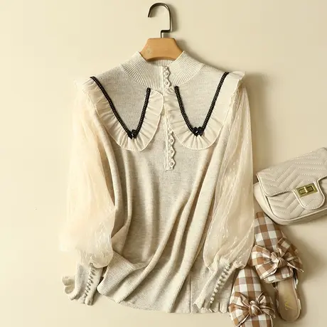 清仓！春装2024年新款羊毛半高领针织衫女雪纺袖宽松上衣打底衫商品大图