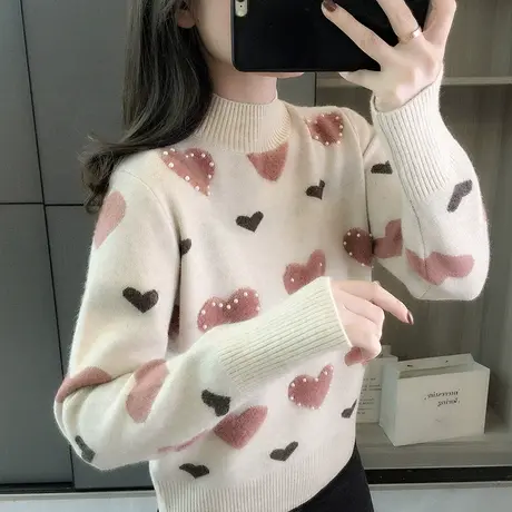 半高领针织衫女士打底衫秋冬季2023新款重工毛衣小众洋气上衣女装图片