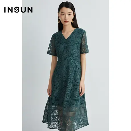 INSUN恩裳线上专选夏季棉质拼接花边蕾丝连衣裙图片