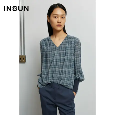 INSUN恩裳秋季格子桑蚕丝袖口拼接感衬衫商品大图
