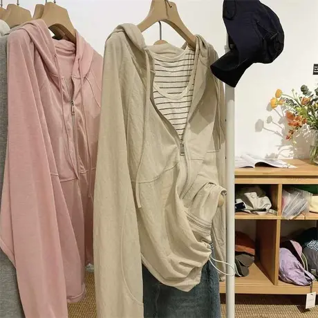 出游季！糖果色显白防晒衣～简约休闲风纯色连帽拉链外套春夏上衣商品大图