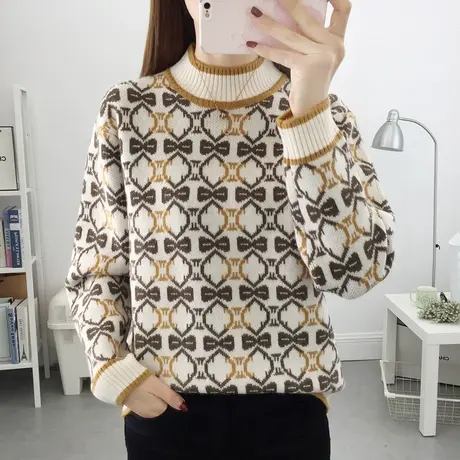 秋冬2024年新款半高领加厚提花宽松毛衣女短款针织打底衫洋气百搭商品大图