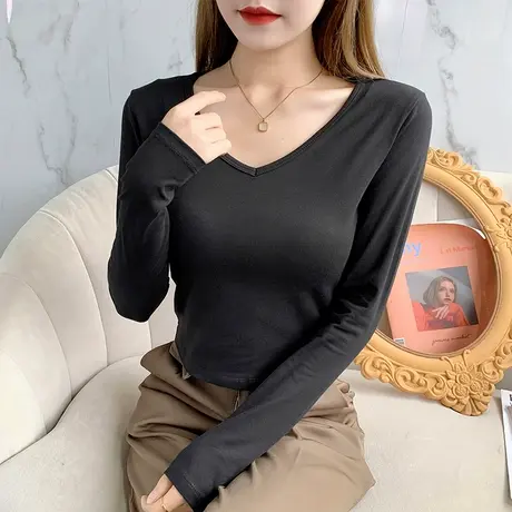 纯棉v领露肚脐长袖打底衫短款t恤女性感显瘦秋冬季百搭上衣潮体恤商品大图