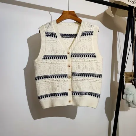 条纹撞色针织马甲开衫女秋冬新款宽松v领叠穿学院风毛衣背心外套商品大图