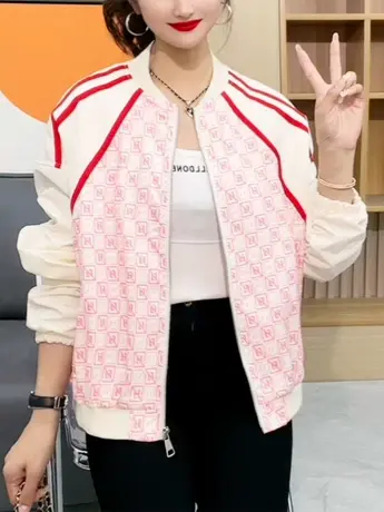 2023春季新款拼色字母印花插肩袖休闲外套女减龄洋气棒球服上衣潮商品大图