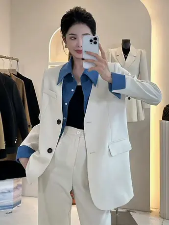 假两件西装外套女2023春季新款衬衣领时尚撞色拼接宽松显瘦小西服商品大图