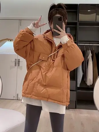 纯色连帽长袖棉服女2023冬季新款设计小众休闲减龄百搭上衣ins潮商品大图