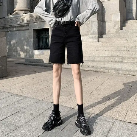 五分裤女牛仔短裤2023夏季破洞高腰宽松黑色显瘦港味直筒5分中裤商品大图