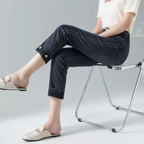 黑色直筒牛仔裤女春夏九分裤小个子宽松2024新款高腰卷边烟管裤子商品大图