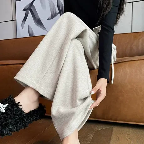 羊毛阔腿裤女秋冬2023新款高腰宽松毛呢直筒裤抽绳羊绒运动休闲裤图片