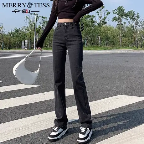 烟灰色直筒牛仔裤女春秋2023年新款高腰显瘦弹力小个子加绒烟管裤商品大图