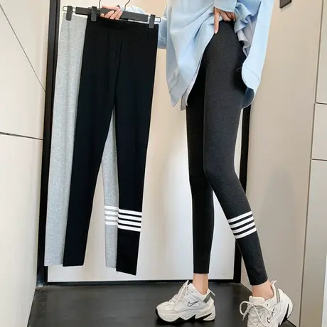 韩版春秋灰色螺纹纯棉打底裤女外穿薄款显瘦秋裤打底裤大码港味商品大图