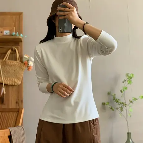 dza 复古纯色棉质半高圆领T恤女秋冬内搭漂亮打底衫宽松弹力上衣商品大图