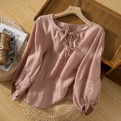 享永子砂洗亚麻上衣女文艺复古系带领气质淑女棉麻小衫2024新款秋商品大图