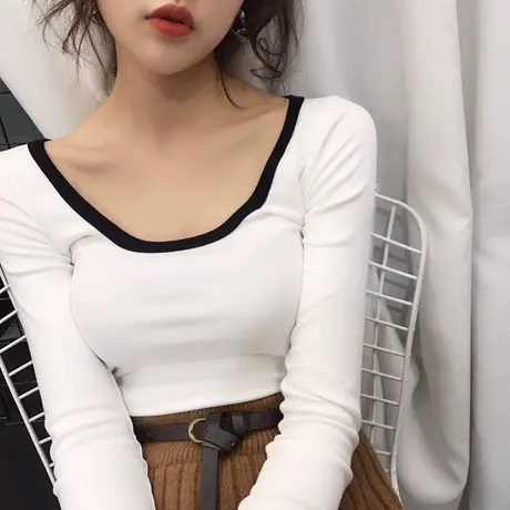 春装2024新款纯棉长袖t恤女小衫修身紧身内搭白色洋气打底衫上衣图片