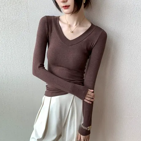 大V领长袖t恤女2023春季新款简约百搭上衣紧身低领露锁骨打底衫商品大图