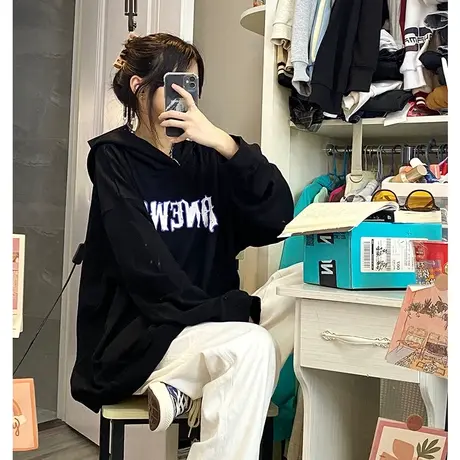 黑色连帽oversize卫衣加绒女秋冬加厚小众设计宽松bf慵懒风外套商品大图