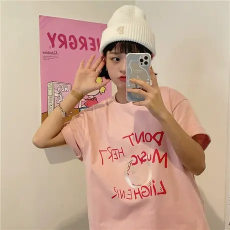 红续夏季新款韩版港味宽松小个子纯棉短袖T恤女ins半袖bf风上衣潮图片