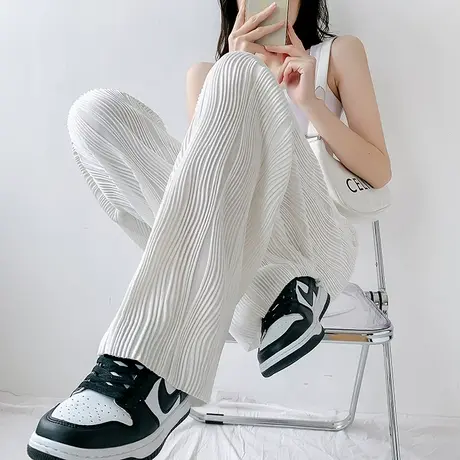水波纹冰丝阔腿裤女夏季薄款宽松垂感高腰设计感拖地休闲直筒长裤图片