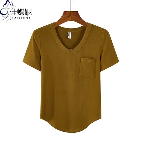 夏季新款韩版纯棉修身纯色V领带口袋短袖纯欲短款高上衣内搭女装商品大图