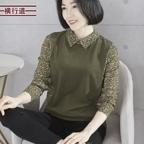 2024新款春季翻领假两件宽松长袖T恤女装大码妈妈休闲打底衫上衣商品大图