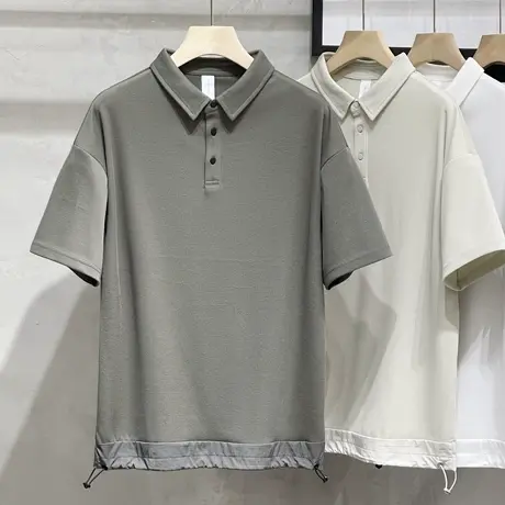 新款夏季宽松翻领短袖T恤男设计感轻熟抽绳男装美式休闲POLO衫潮商品大图