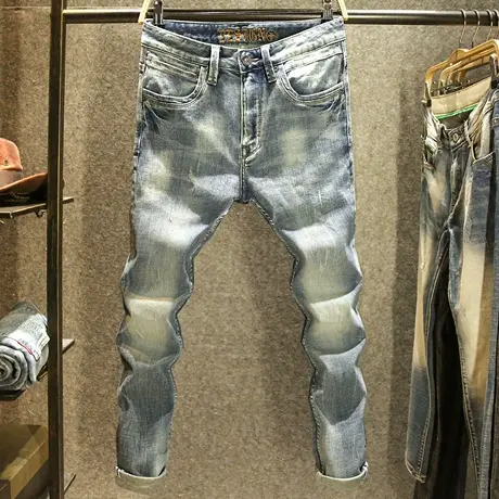 复古蓝牛仔裤男潮牌修身小脚休闲长裤做旧痞帅阿美咔叽秋冬款裤子商品大图