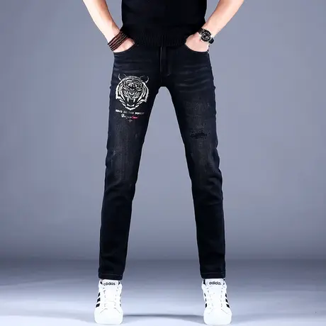 男士印花牛仔裤男秋冬男款2023新款休闲裤子修身小脚弹力韩版男款商品大图