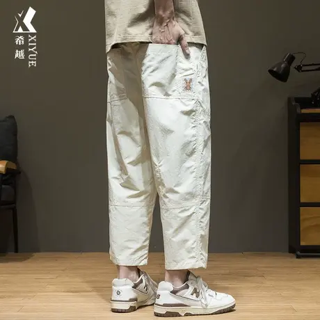 夏季新款休闲裤男款米色拼接直筒八分裤宽松加肥加大男士春秋裤子商品大图