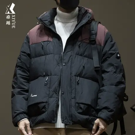 希越90%白鸭绒羽绒服男连帽外套宽松大码工装拼色冬季面包服男款商品大图