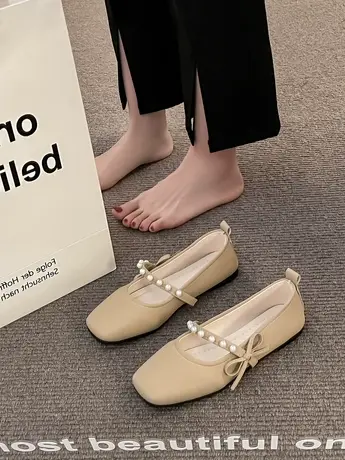 仙女风单鞋蝴蝶结百搭瓢鞋浅口温柔奶奶鞋配裙子豆豆鞋平底晚晚鞋商品大图