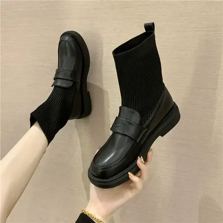 瘦瘦袜子靴平底短靴女2023春秋新款连袜马丁靴针织弹力英伦小皮鞋图片