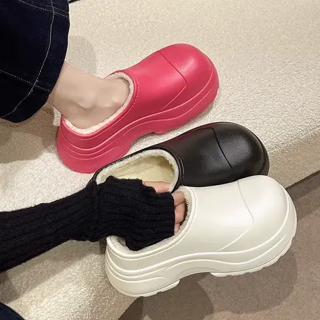 棉拖鞋女冬季外穿防水加绒保暖室内家居厚底增高简约防滑包跟棉鞋图片