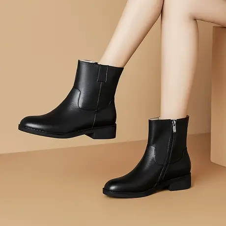 秋冬季新款真皮女靴单里绒里两选圆头中低跟头层牛皮舒适百搭短靴商品大图