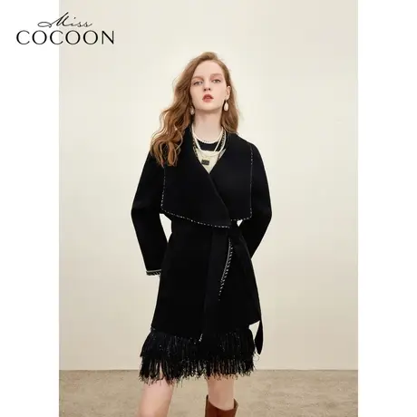 missCOCOON黑色小香风双面羊绒呢大衣女2023秋冬新款翻领毛呢外套商品大图