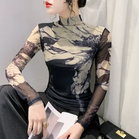 性感网纱印花长袖打底衫复古时尚扎染上衣女内塔修身半高领T恤ins商品大图
