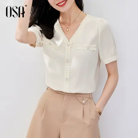 OSA欧莎高级感v领短袖衬衫女夏季2022年新款温柔风法式衬衣上衣薄商品大图