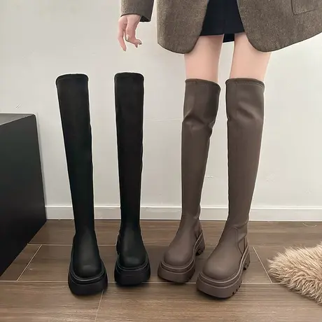 长靴女2023新款厚底增高小个子不过膝骑士靴显瘦粗跟英伦高筒靴子图片