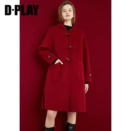 DPLAY冬学院风复古连帽牛角扣大衣中长款宽松羊毛双面呢外套商品大图