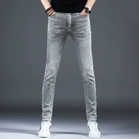 简约男士黑灰修身小脚裤牛仔裤子2023四季常规棉弹百搭男潮牌休闲商品大图