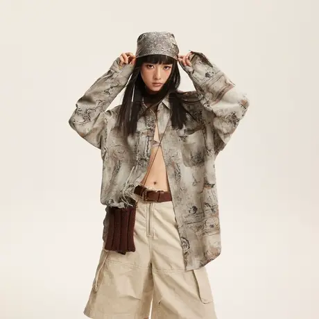 复古设计感国风衬衫女春秋款2024新款宽松小众上衣印花新中式衬衣商品大图