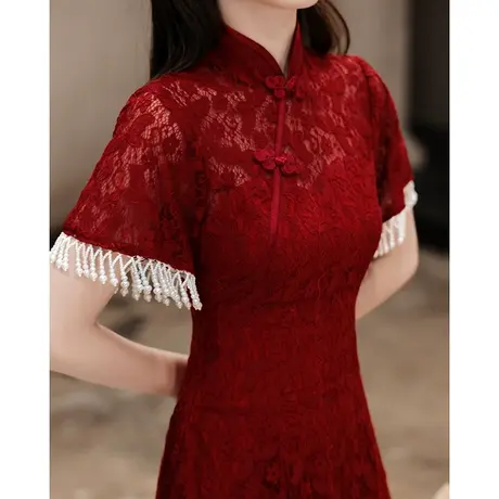 旗袍敬酒服新娘小个子短款结婚女夏季订婚礼服红色蕾丝连衣裙流苏商品大图