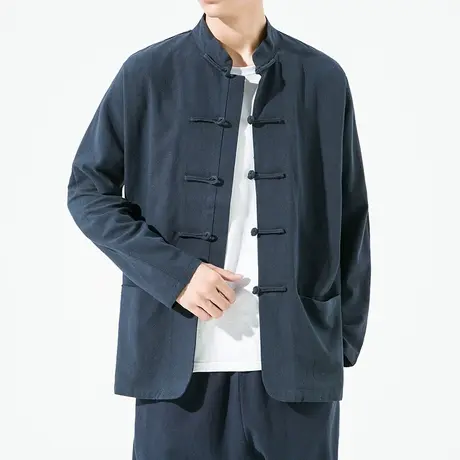 中国风春秋季亚麻男唐装复古盘扣休闲茶艺师衣服古风中山装外套潮商品大图